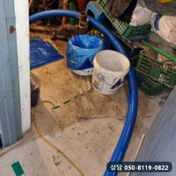 정화조 역류로 젖은 실내 바닥과 작업 호스